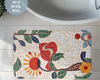 Dywanik łazienkowy z mozaiką w kwiaty w stylu folk art, dywanik łazienkowy z pianki memory, dekoracja boho ze słonecznikami, maksymalistyczny, kolorowy styl cottagecore, artystyczny prezent