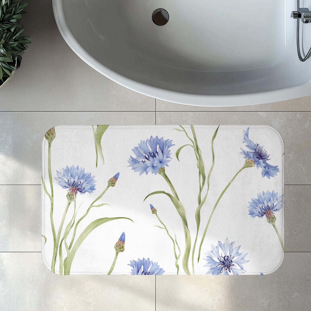 Cornflower Dreams Luxurious Watercolor Floral Bath Mat Decor, Elegant ...
