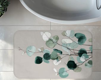 Earthy Eucalyptus Bath Mat, Boho Botanical Memory Foam Bath Rug, Zen Spa Bathroom Decor, Relaxing Tranquil Housewarming Gift
