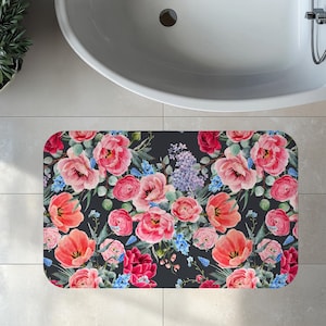 Elegant Rose Watercolor Floral Bath Mat, Bathroom Decor, Elegant Gift Rug, Boho Memory Foam Mat, Soft Non-Slip Bath Rug Plush Bath Mat, Chic