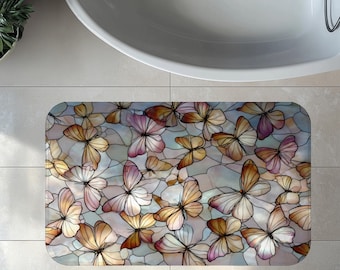 Gebrandschilderd glas vlinder badmat decor, pastel tapijt traagschuim, zacht antislip badkleed pluche, artistiek mozaïek kalmerende kunst marmer ontwerp