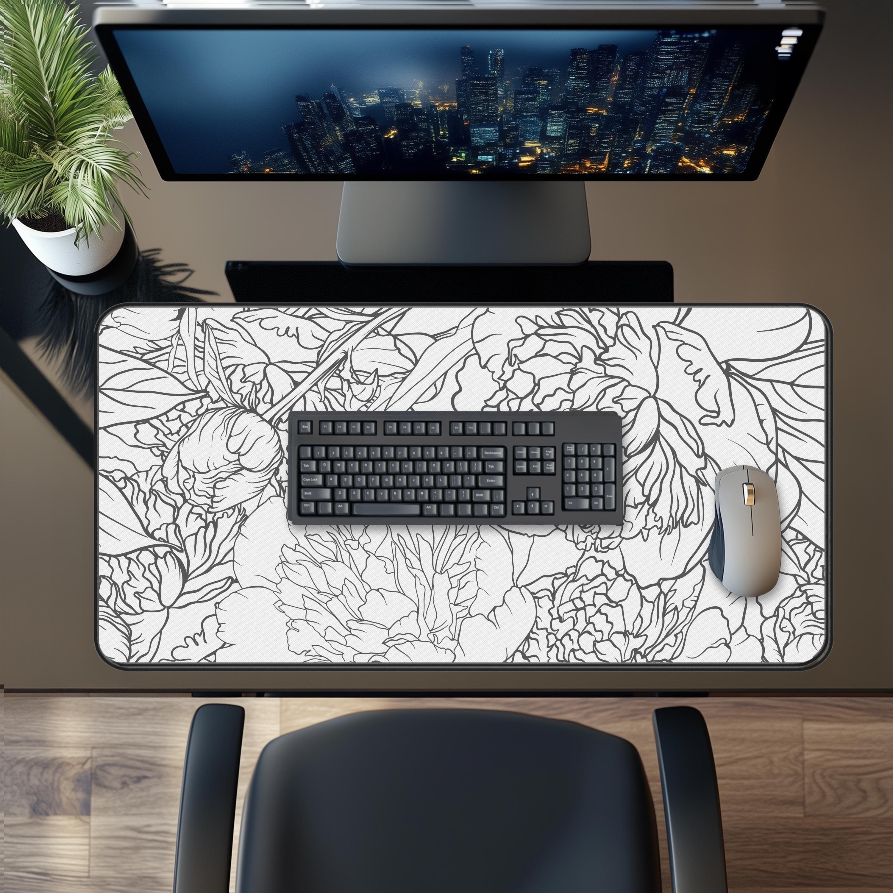 Black and White Floral Desk Mat, Elegant Unique Mouse Pad, Stylish Desk Mat, Boho Neoprene Pad Mat, Modern Desk Accessories, Desk Mat Gift