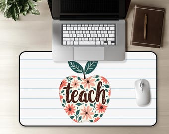 Teach Apple Desk Mat, Back To School Desk Mat, Unique Mouse Pad Gift For Teachers, Neoprene Desk Accessories, Retro Teacher Gift, Cute Gift
