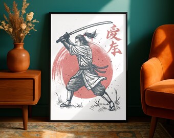 Samurai Warrior Wall Art, Red & Black Japanese Warrior Poster, Bold Katana Samurai Print, Modern Asian Decor Gift for Him Martial Arts Lover