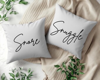 Snore / Snuggle Funny Throw Pillow Set, 2 Pillow Set, Bold Décor for Bedroom, Living Room, Couples Gift, Wedding, Anniversary Gift Pillows