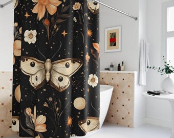 Celestial Moth Shower Curtain Shower, Boho Floral Moon Star Bathroom Decor, Mystical Dark Cottagecore, Witchy Black Botanical Butterfly