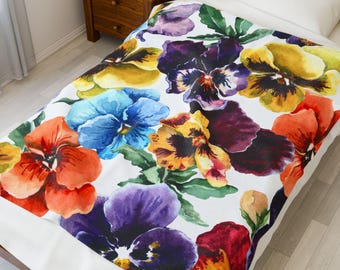 Watercolor Pansy Floral Velveteen Plush Blanket, Floral Print Unique Gift Cozy Botanical Blanket, Elegant Blanket, Housewarming, Cottagecore