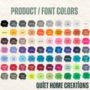 The image is a color palette for home creations, displaying various product and font colors arranged in a grid format.