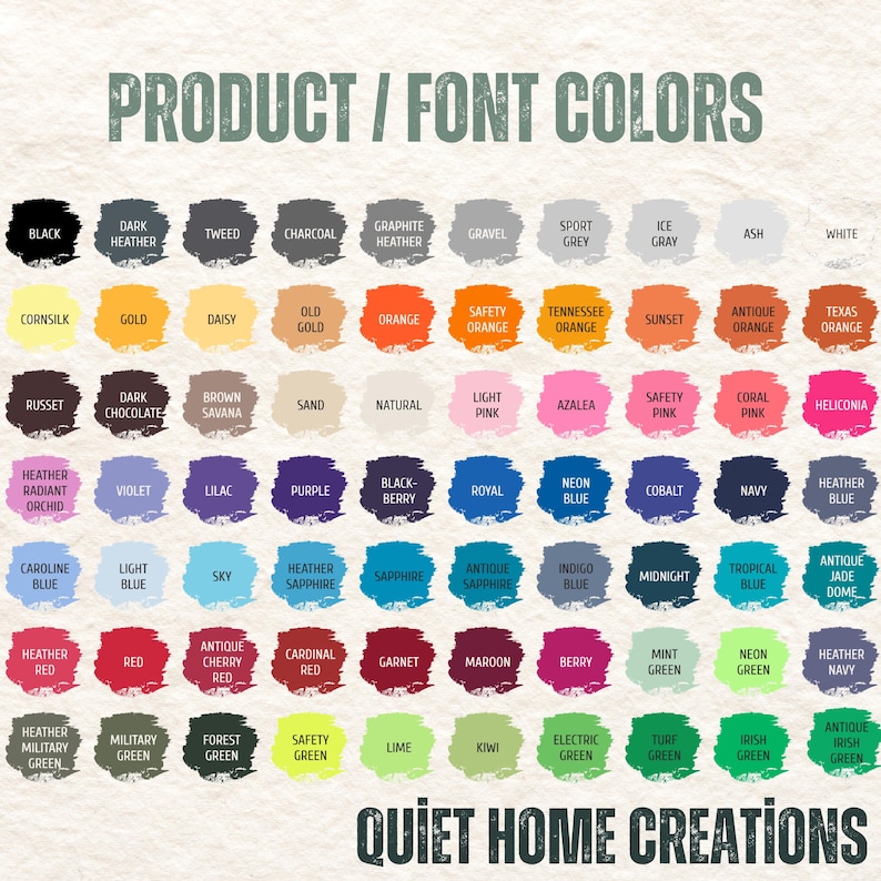 The image is a color palette for home creations, displaying various product and font colors arranged in a grid format.