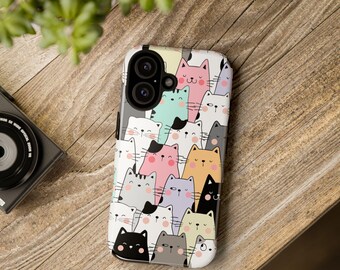 愛らしい可愛い猫の丈夫な子供用スマホケース、iPhone、Samsung Galaxy、Google Pixelケース、新学期ギフト、キュートなパステルカラーの子猫デザイン
