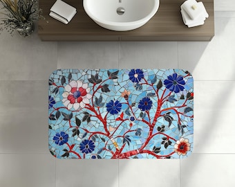 Baum des Lebens Mosaik Design Badematte, Memory Foam Badteppich, kräftiges Rot und Blau Blumendekor, Maximalist Bunter Cottagecore, künstlerisches Geschenk