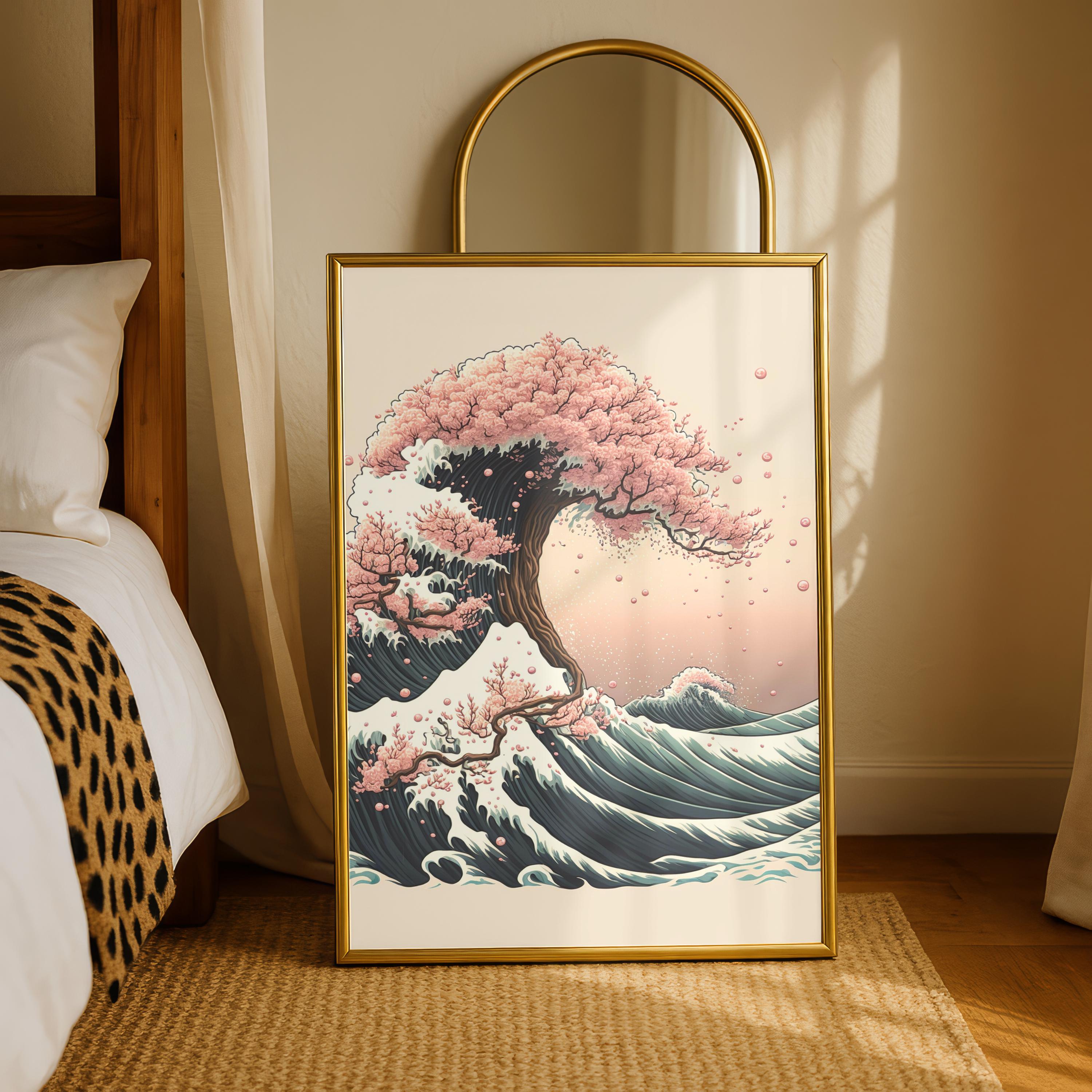 The Sakura Wave Wall Art, Japanese Wave and Cherry Blossom Print