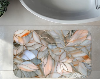 Stained Glass Leaf Design Bath Mat Decor, Rug Memory Foam, Soft Non-Slip Bath Rug Plush, Artistic Mosaic Calming Botanical Art Marble Design