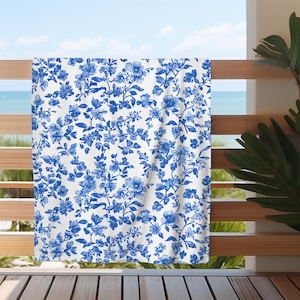 Blue French Toile Floral Beach Towel, Floral Print Towel, Cottagecore Beach Towel, Chinoiserie Cotton-Poly Blend Large Pool Towel, Gift