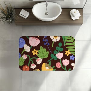 Dark Botanical Boho Bath Mat, Bold Floral Print for Unique Bathroom Decor, Cottagecore Mat, Rustic Memory Foam Mat Soft Non-Slip Bath Rug