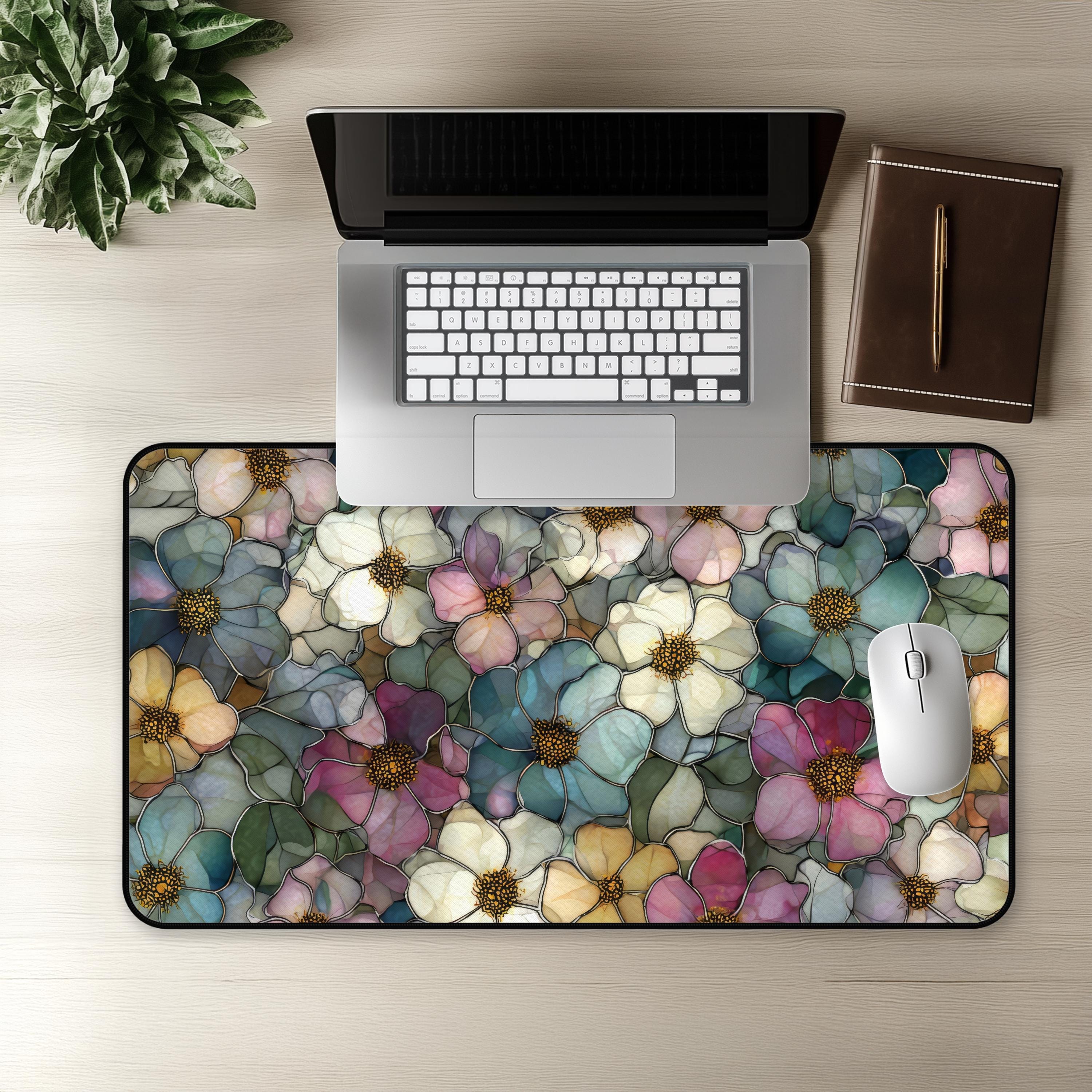 Stained Mat Stained Glass Floral Design Desk Mat, Unique Mouse Pad Stylish Desk Mat ...