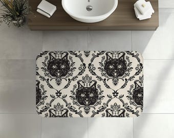 Gothic Black Cat Damask Bath Mat, Memory Foam Bath Rug, Bathroom Decor, Goth Design, Witchcore Maximalist, Victorian Style, Dark Academia
