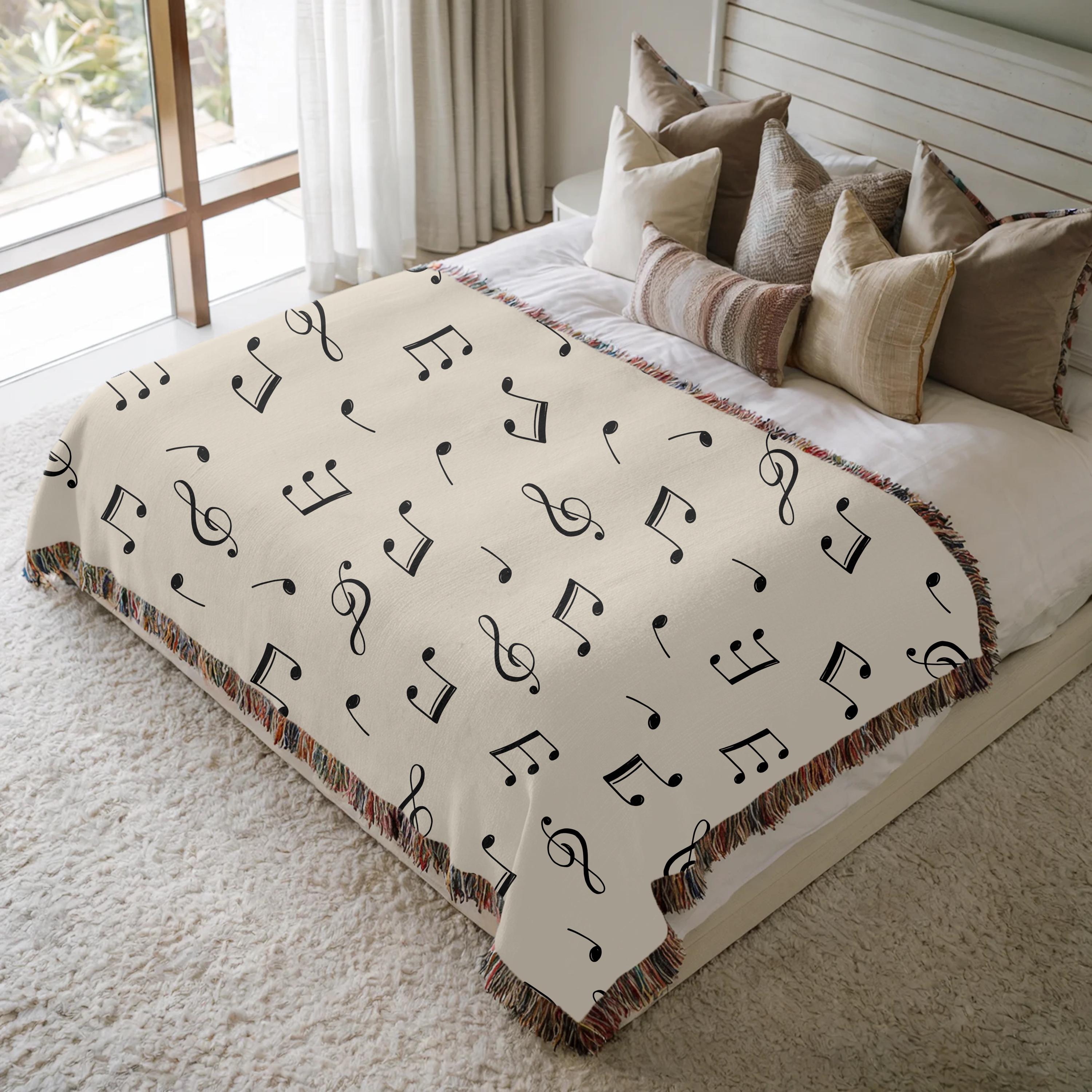 Music Notes Woven Blanket, Blanket, Cotton Tapestry, Elegant Decor