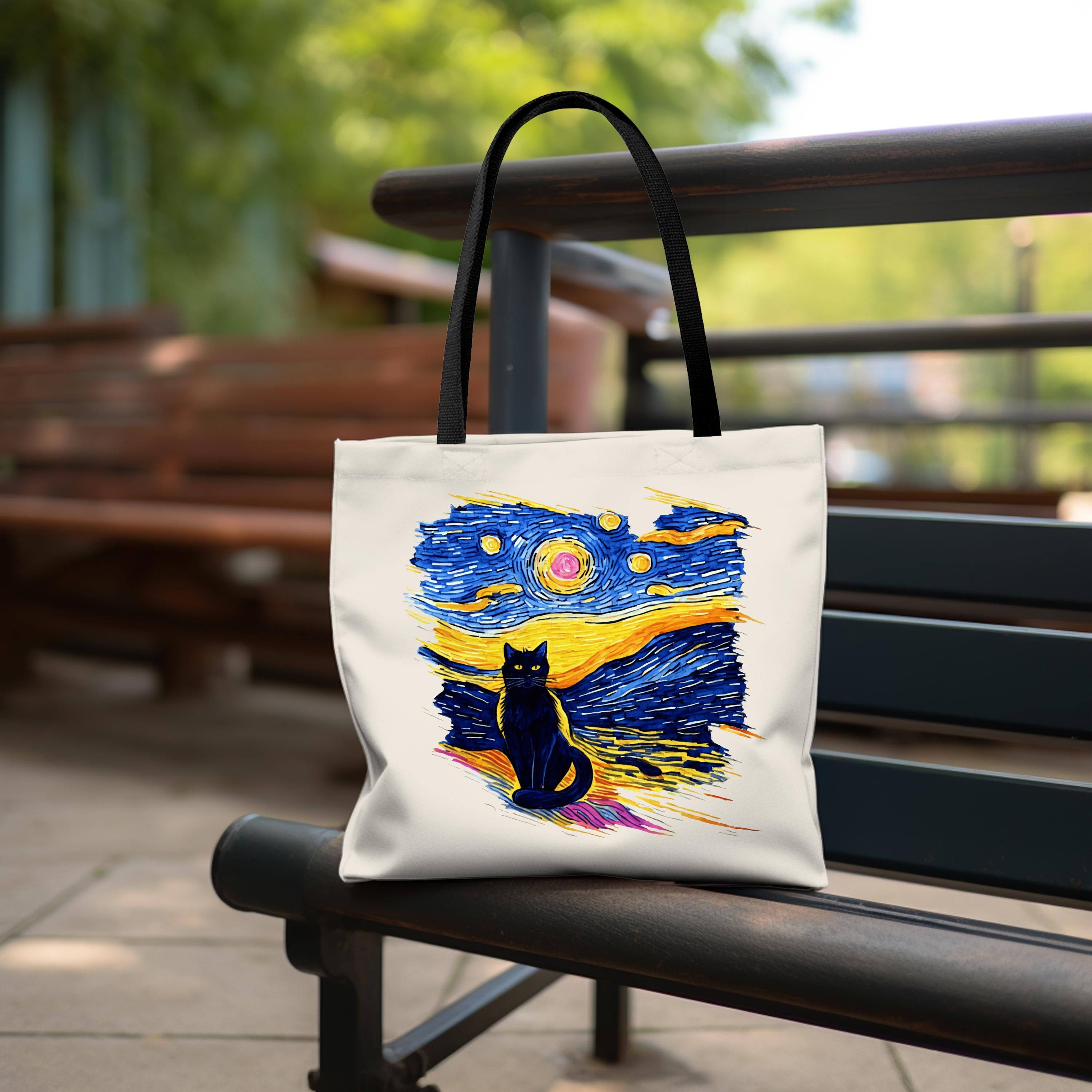 星月夜猫トートバッグ、黒猫アートデザイン、再利用可能なエコバッグ