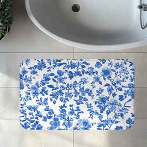 Blue French Toile Floral Bath Mat Decor, Elegant Gift Rug Memory Foam, Soft Non-Slip Bath Rug Plush Chinoiserie, Pastoral Vintage Design