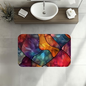 Colorful Stained Glass Design Bath Mat Decor, Rug Memory Foam, Soft Non-Slip Bath Rug Plush, Abstract Mosaic, Vibrant Tile-Inspired Artistic