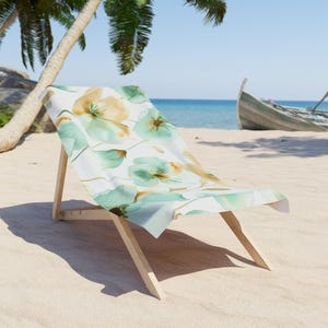 Mint Green Watercolor Floral Beach Towel, Floral Print Beach Towel, Luxurious Cotton-Poly Blend Large Pool Towel Gift, Pastel Decorative