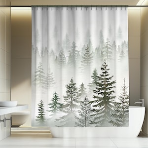Watercolor Pine Forest Shower Curtain, Boho, Cottagecore Decor, Whimsical Boho Nature Bathroom Decor Gift, Fantasy Theme, Serene Peaceful