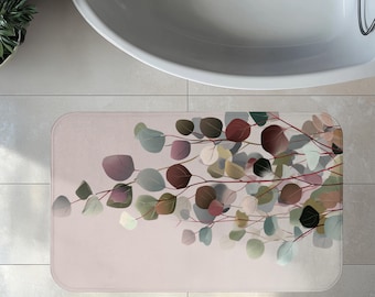 Cascading Sunset Eucalyptus Bath Mat, Memory Foam Bath Rug, Bathroom Decor,  70s Style Abstract Botanical, Burgundy & Moss Green Leaf Art