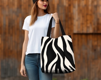 Bolsa tote com estampa de zebra ousada, bolsa estilosa para presente, bolsa reutilizável com estampa completa, monocromática, safari chique, estampa animal maximalista