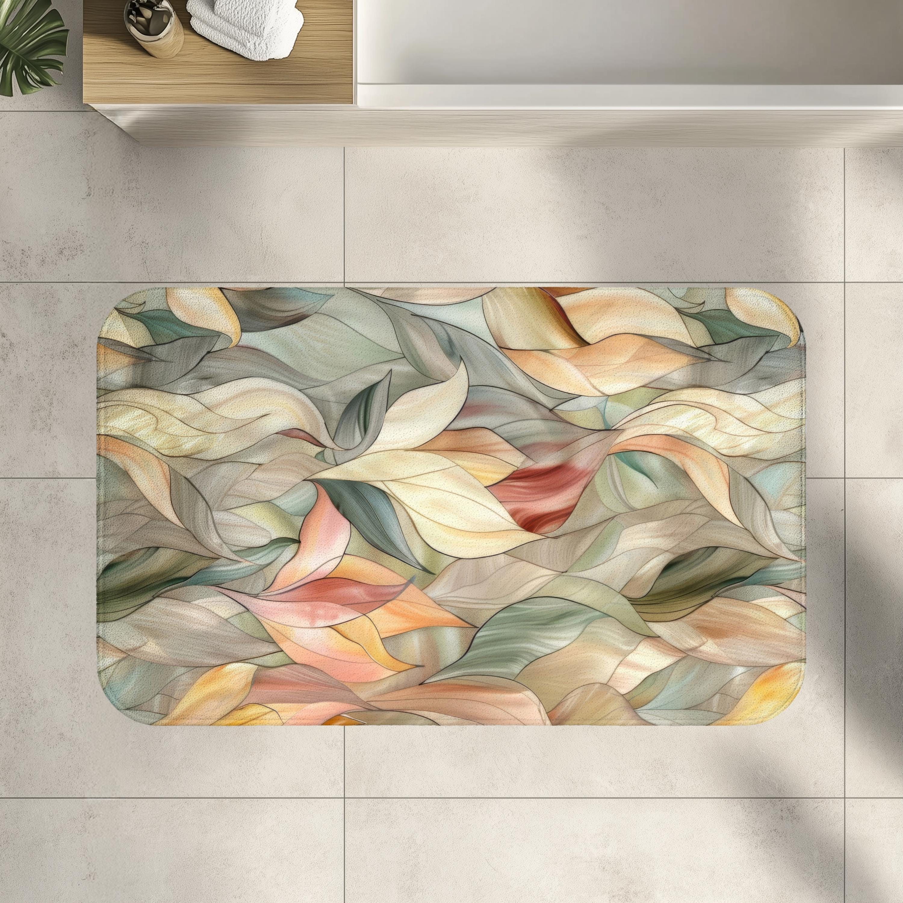 Stained Mat Stained Glass Leaves Design Bath Mat Decor, Rug Memory Foam, Soft Non ...
