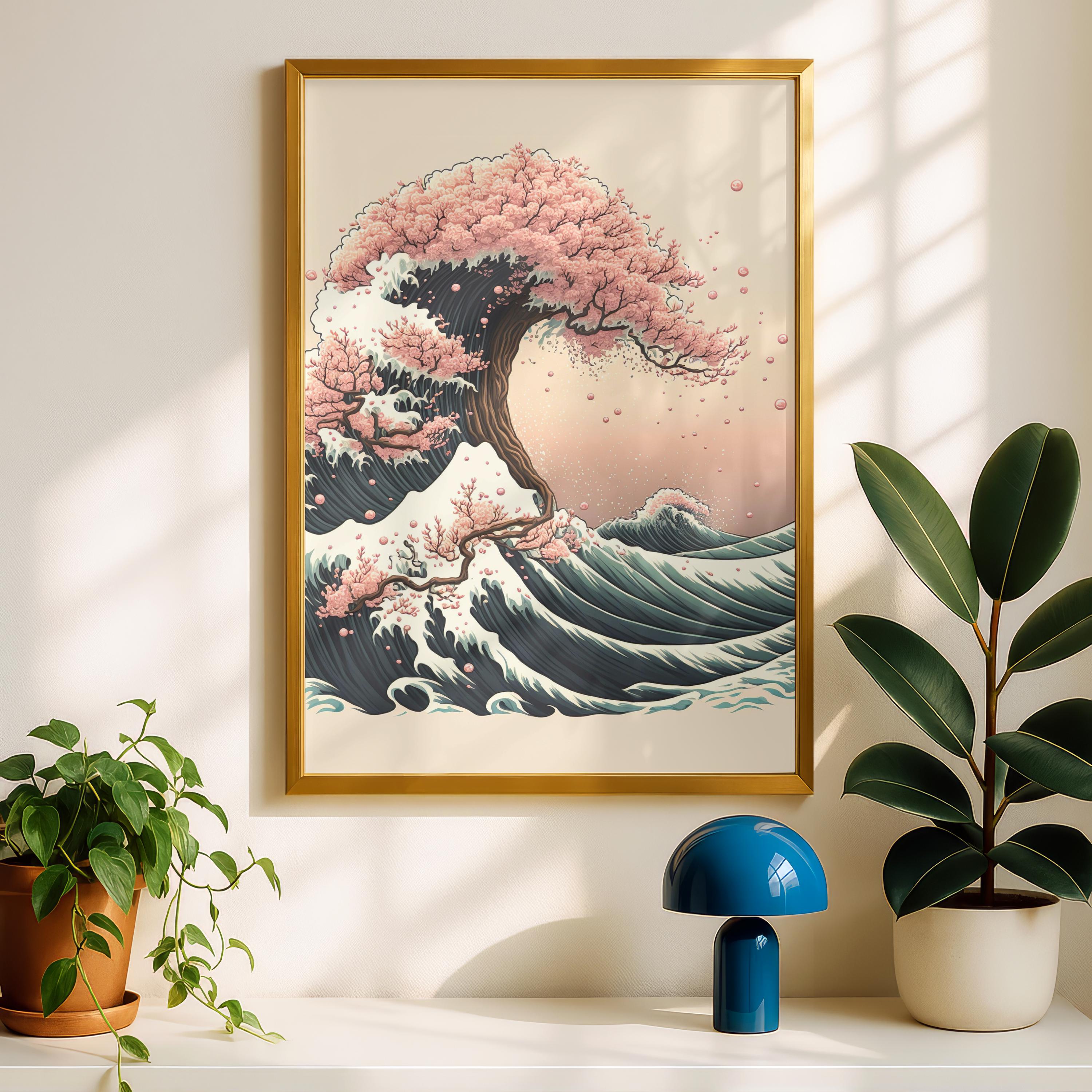 The Sakura Wave Wall Art, Japanese Wave and Cherry Blossom Print