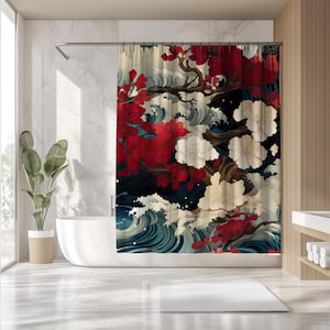 Japanese Ocean Wave Cherry Blossom Shower Curtain, Unique Bathroom Decor, Floral Curtain, Minimalist Simple Gift Curtain, Sakura Asian Zen