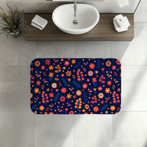 Retro Floral Bath Mat Decor, Elegant Gift Rug Memory Foam, Soft Non-Slip Bath Rug Plush 70s-Inspired Floral Pattern, Vintage Design, Gift