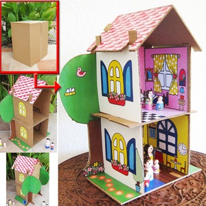 SALE Cardboard Dollhouse PDF Pattern Recycle Cardboard Boxes DIY Toy house Paper Craft image 4