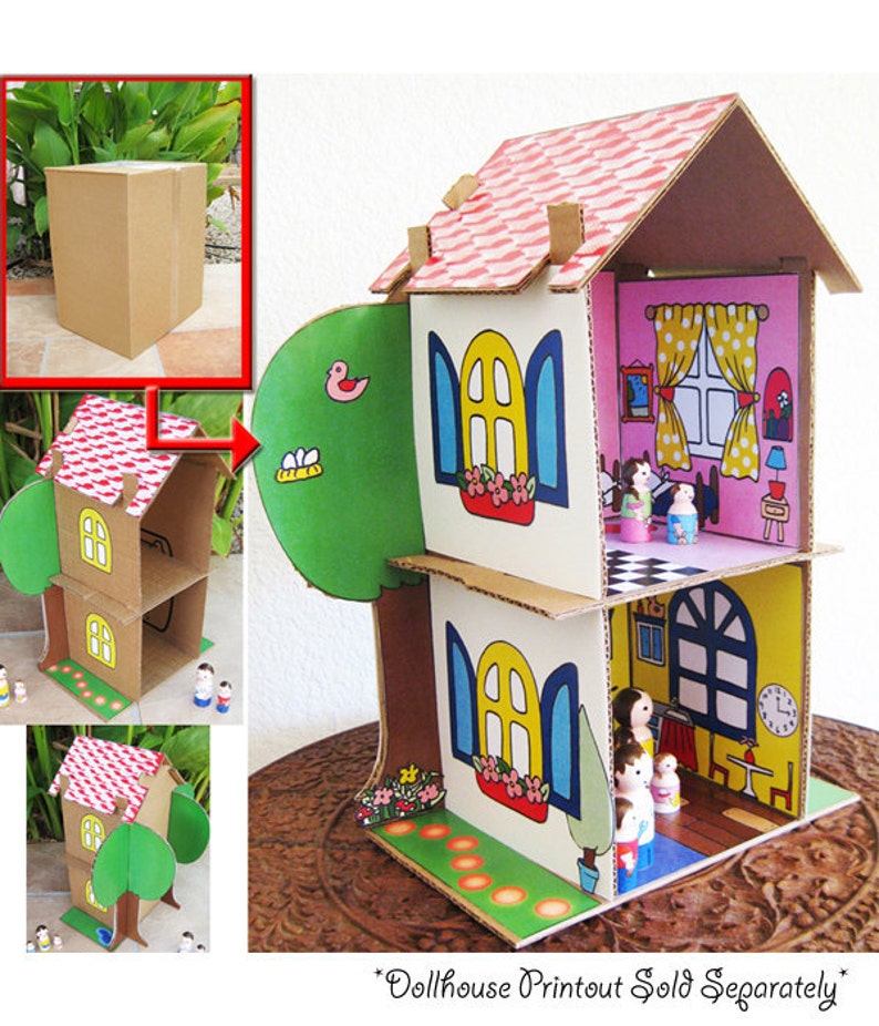 SALE Cardboard Dollhouse PDF Pattern Recycle Cardboard Boxes DIY Toy house Paper Craft image 4