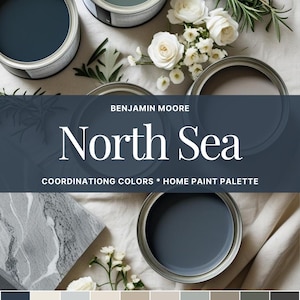 May include: An overhead shot of open paint cans, flowers, and a color palette. The cans are filled with shades of blue, gray, and green. The text "North Sea" is displayed, along with "Benjamin Moore" and "Coordinating Colors * Home Paint Palette."