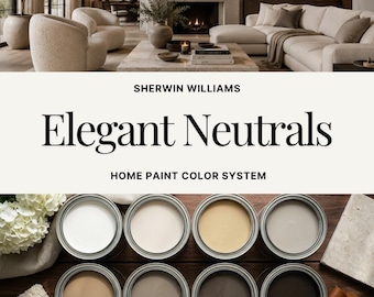 May include: Sherwin Williams Elegant Neutrals home paint color system featuring eight open metal paint cans arranged in two rows. The cans display a gradient of neutral paint colors ranging from white and cream to beige, taupe, gray, and dark brown.
