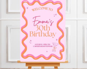 Retro Pink & Orange 30th  Birthday Welcome Sign, Customizable A1 Template (Digital Download)