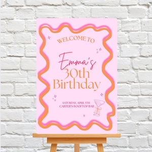May include: Pink and orange welcome sign with a wavy border. The sign says "Welcome to Emma's 30th Birthday" and includes the date "Saturday, April 5th" and the location "Carter's Rooftop Bar".