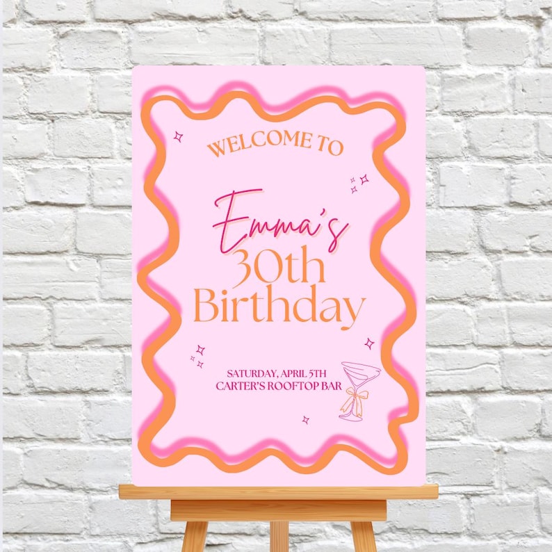 May include: Pink and orange welcome sign with a wavy border. The sign says "Welcome to Emma's 30th Birthday" and includes the date "Saturday, April 5th" and the location "Carter's Rooftop Bar".