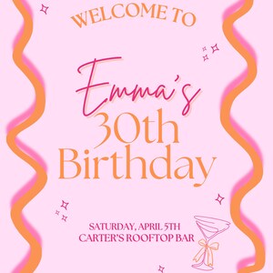 May include: Pink and orange invitation with a wavy border. The text reads "Welcome to Emma's 30th Birthday, Saturday, April 5th, Carter's Rooftop Bar". A martini glass with a ribbon is in the bottom right corner.