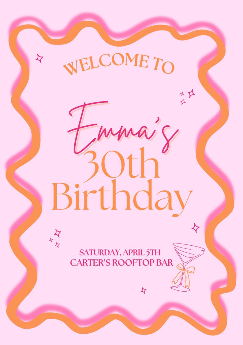 May include: Pink and orange invitation with a wavy border. The text reads "Welcome to Emma's 30th Birthday, Saturday, April 5th, Carter's Rooftop Bar". A martini glass with a ribbon is in the bottom right corner.