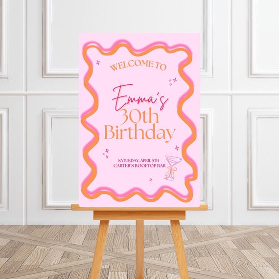Retro Pink & Orange 30th  Birthday Welcome Sign, Customizable A1 Template (Digital Download)
