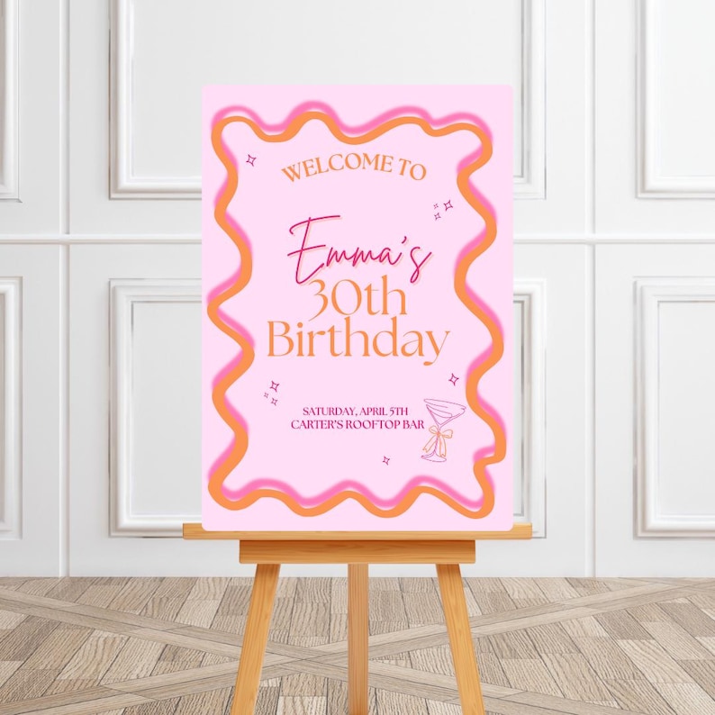 May include: Pink and orange welcome sign with a wavy border. The sign says "Welcome to Emma's 30th Birthday" and includes the date "Saturday, April 5th" and the location "Carter's Rooftop Bar".