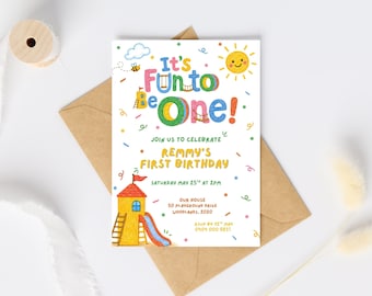 Fun to be one editable first birthday invitation, colorful playground digital download canva template