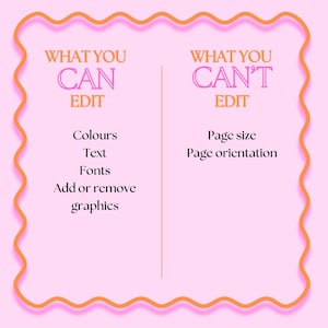 May include: A pink and orange graphic with the text "WHAT YOU CAN EDIT" and "WHAT YOU CAN'T EDIT". The left side lists "Colours, Text, Fonts, Add or remove graphics". The right side lists "Page size, Page orientation".