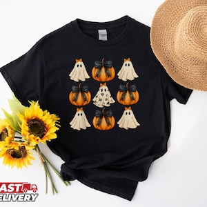 Halloween Coquette Bow Kürbis Geist Spooky Boo Frauen Mädchen T-Shirt,laube Geist Kürbis Saison T-Shirt, Geist mit Bogen Spooky Saison Shirt