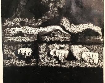 Miembros Fantasma III - Linograbado con dibujo añadido - Artista Karim Shuquem