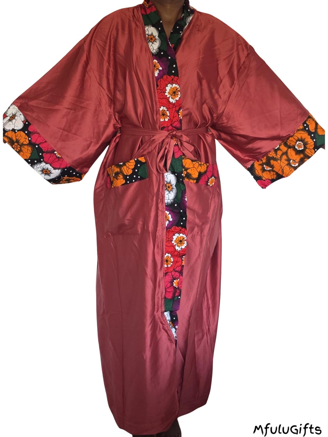 Soma Ribbed Robe Red Brick Red Satin Robe With African Print Cap: Plus Size, Personalized ...