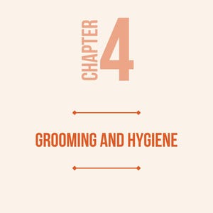Puede incluir: Una p&aacute;gina color crema con las palabras "CAP&Iacute;TULO 4" en color coral. Debajo, las palabras "GROOMING AND HYGIENE" est&aacute;n escritas en el mismo color coral. L&iacute;neas horizontales con acentos de diamante est&aacute;n arriba y abajo del texto.